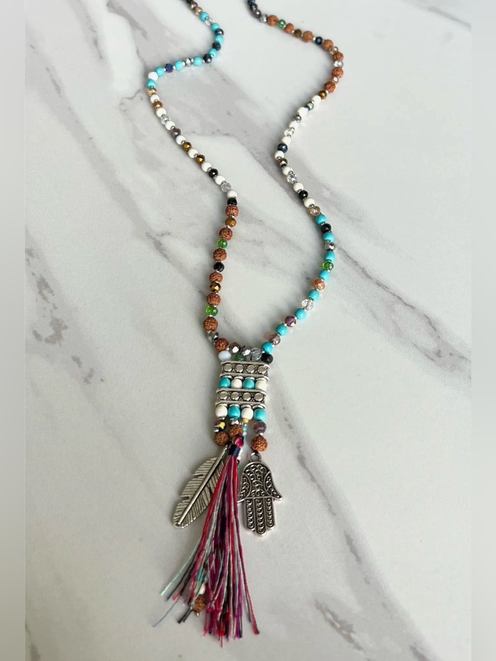 Rina Boho Multicolor Beaded Tassel Necklace with Hamsa & Feather Charms